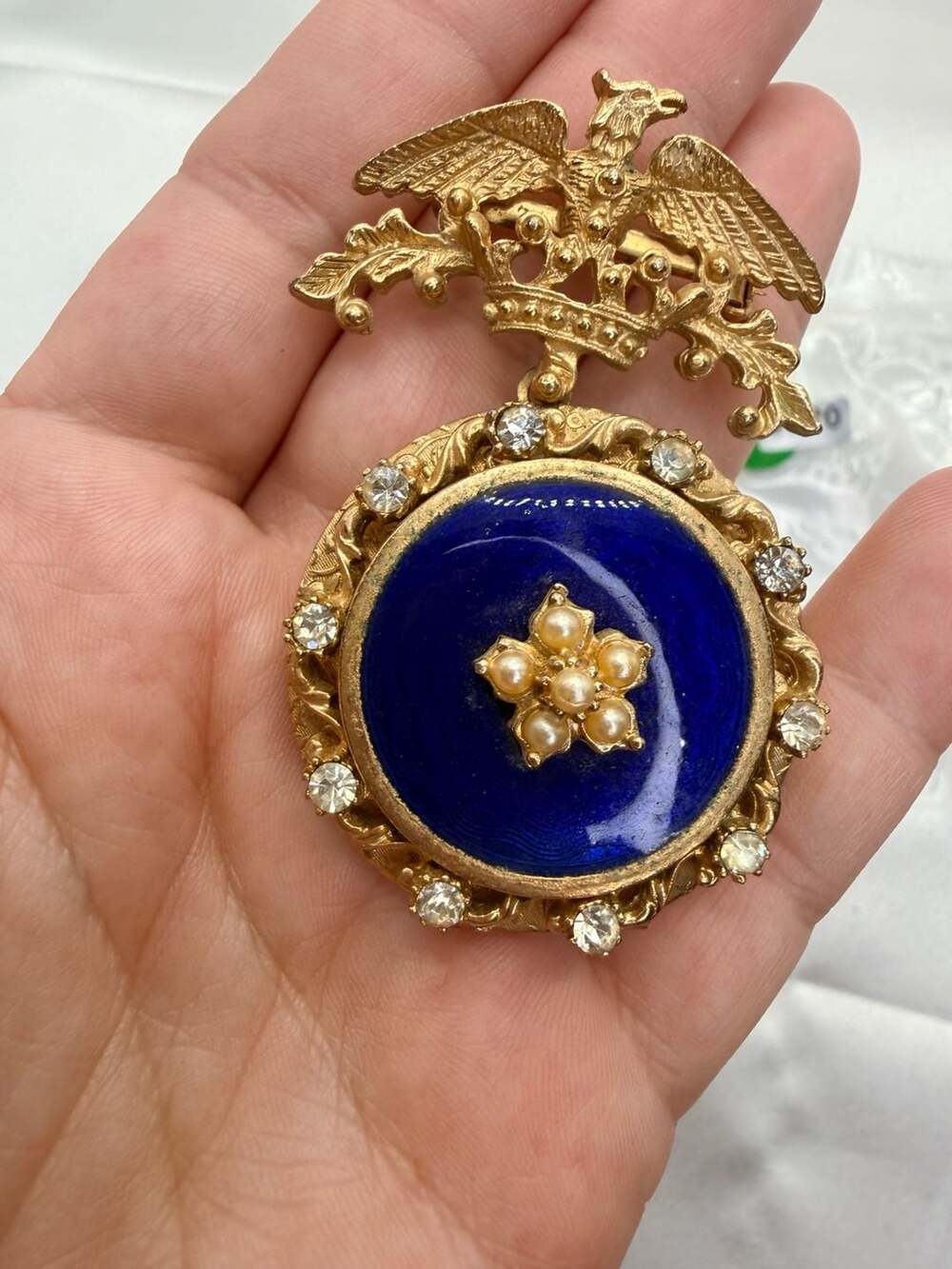 Florenza Crowned Eagle Blue Enamel Locket Brooch Pin